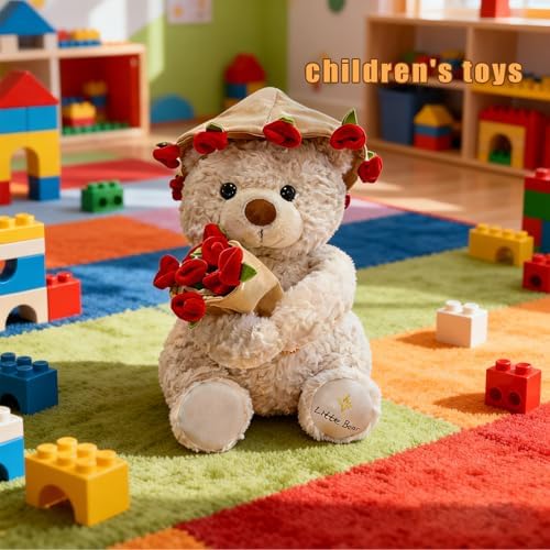 30cm Teddy Bear Plush Toy with Rose Bouquet and Hat, Romantic Valentine's Day Birthday Gift for Women Girls, Decoration Doll (Beige)