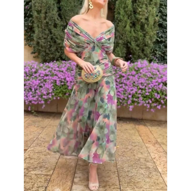 

European and American fashion new popular printing V-neck mesh dress elegant temperament medium and long dress S