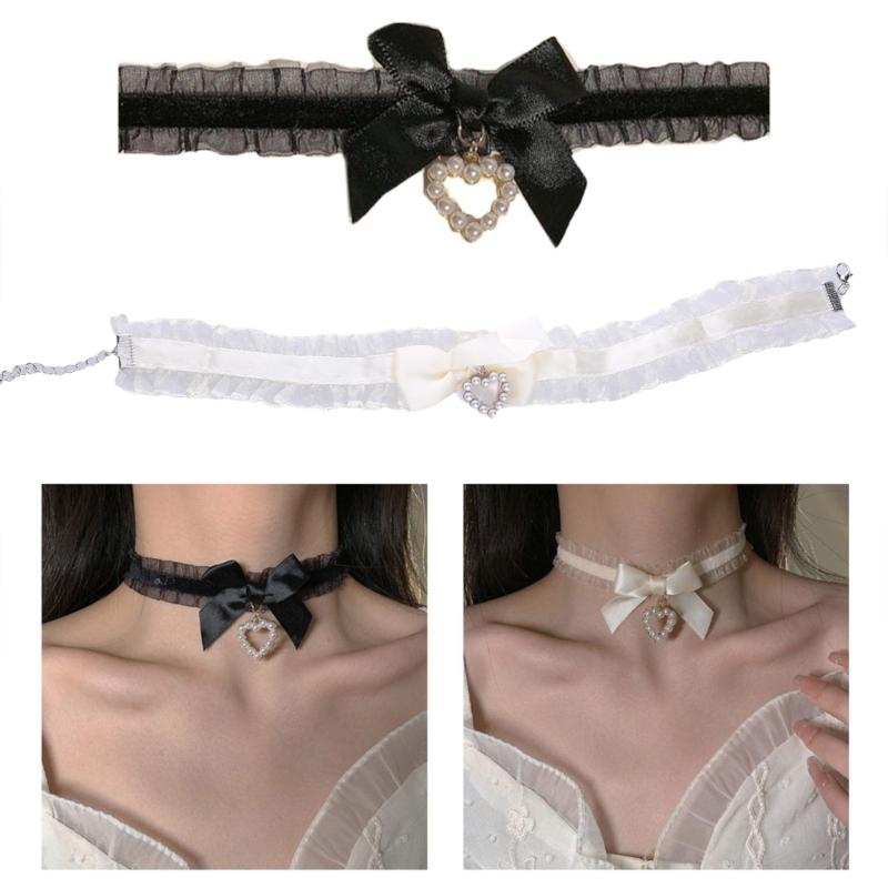 Fashion Harajuku Cloth Collarbone Chain Temperament Simple Cold Wind Big Heart Bowknot Pearls Loves Necklace Lace Chain