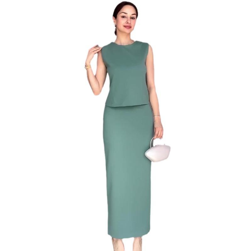 2024 Summer Women's Solid Color Round Neck Casual Two-piece Set Skirt
