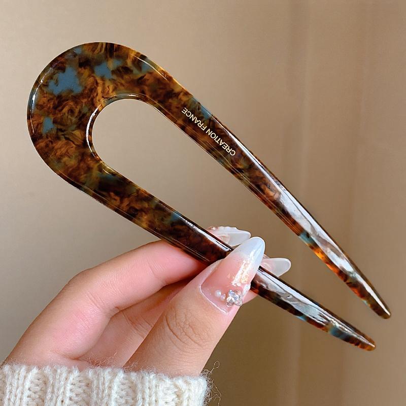 Chinese Minimalist Leopard Print Acetate Geometric U-shaped Women's Hair Clip Elegant and Retro Coiled Hair Accessory Hairpin