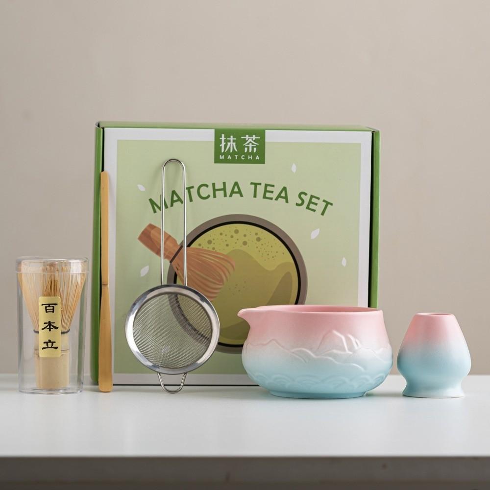 Ceramic Matcha Bowl Gradient Color with Pouring Spout Matcha Making Kit Reusable Mountain and Sea Japanese Tea Set Tea Lovers