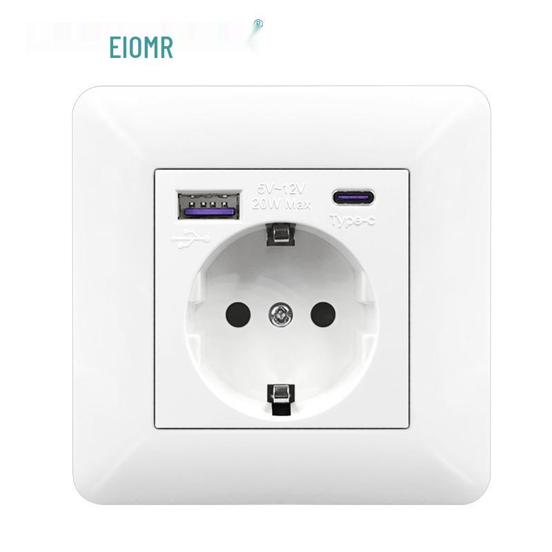 Curved White European Standard Socket Panel with Double USB & Type C, German Switch, Concealed Installation