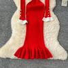 Spring Autumn Women Sweet Peter Pan Collar Knitted Sweater Long Midi Slim Mermaid Dresses