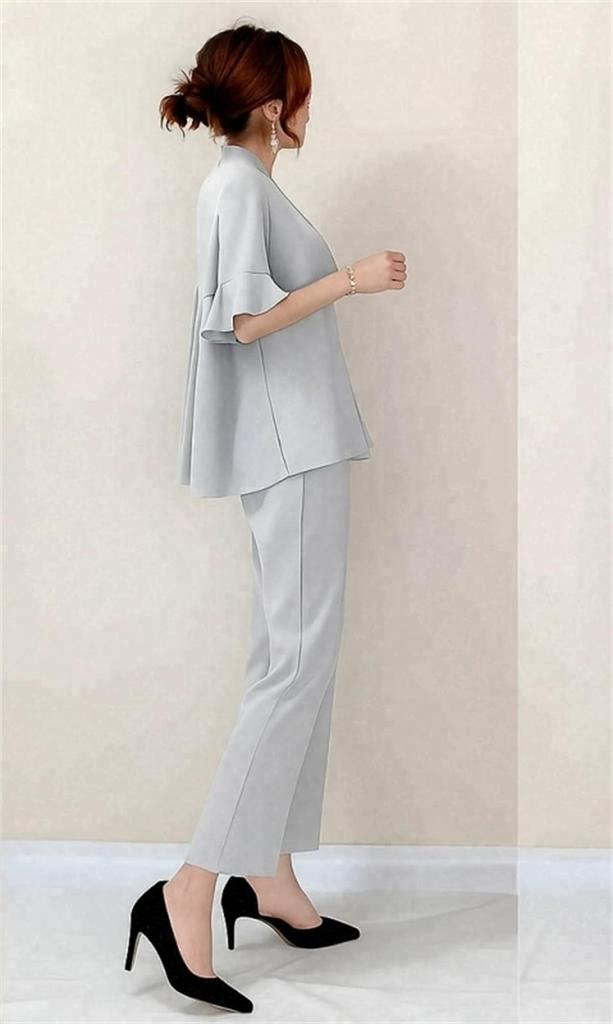[YUANYUAN] Women's Pantsuit 2-Piece Set: Tailored Jacket & Culottes. Suit Jacket with Waist Tuck, Short Sleeves, Frill Sleeves, Solid Color, Cute and