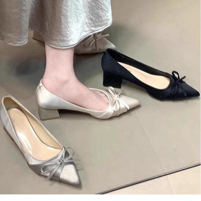 Satin Pointed Toe Bow Heels - Women's Spring & Autumn Low-Cut, Korean Style
