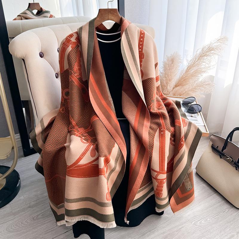 Horses Versatile Temperament Autumn And Winter Thickened Scarf Long Outer Shawl Fringed Jacquard Cape Women