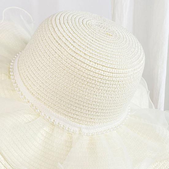 Beach Hat Natural High-Density Straw Fabric Sun Protection Wide Brim Dome Design Sun Hat Lace Bow Faux Pearls Decor Summer Hat
