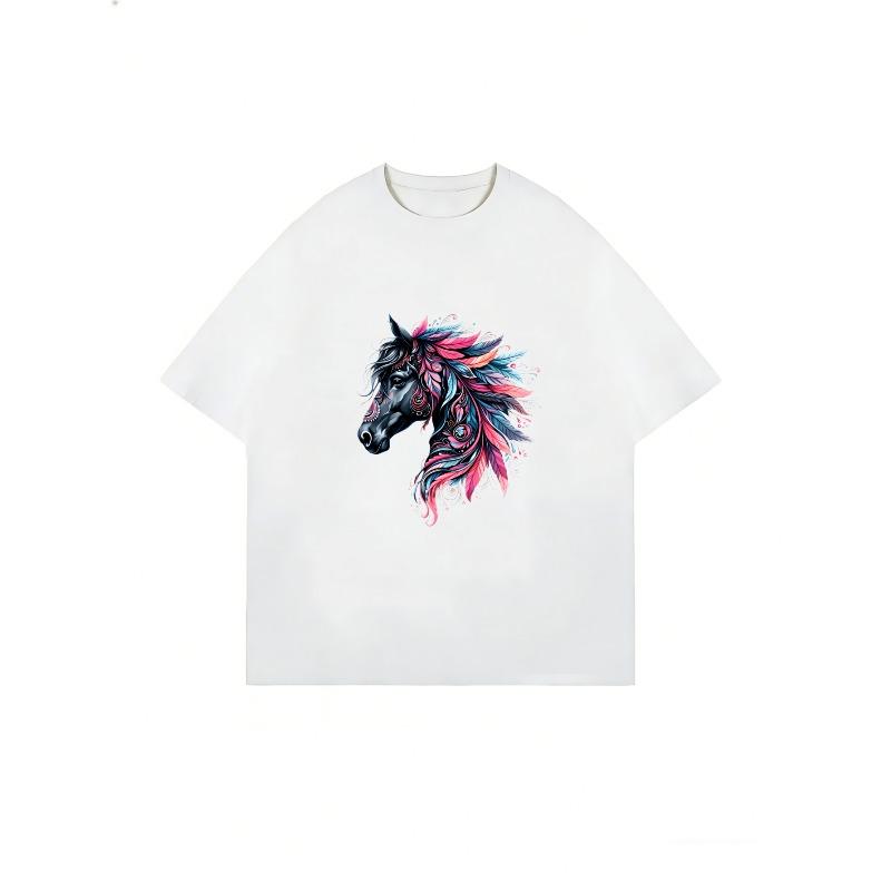 Oversized T Shirt Dress Black Horse Head With Red And Blue Feathers Print Casual Wear For Women