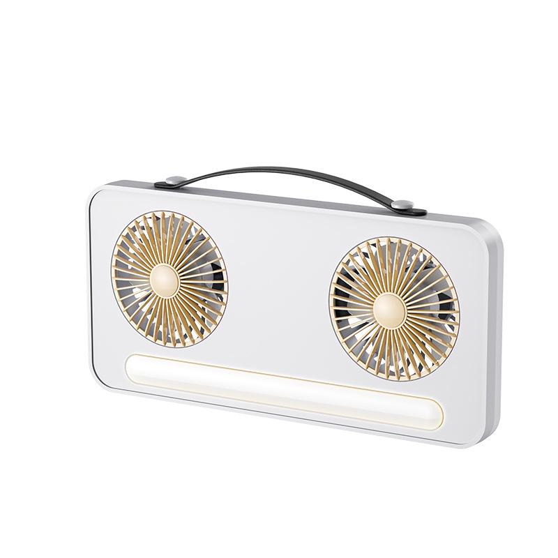 

Multi-Functional Double-Headed Electric Fan with Light: Desktop, Wall-Mounted, or Ceiling Fan for Strong Airflow. 25 x 12.6 x 5.1 cm