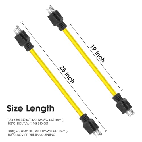 3 Prong Double Male Extension Cord 12 AWG 125V 15A, Yellow 1.64 FT 5-15P Generator Adapter Cable with Molded Plugs for Transfer Switches, RVs