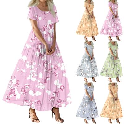 Women's Summer Casual Floral Print Short Sleeve O Neck High Waist A Line Tiered Flowy Boho Maxi Dress