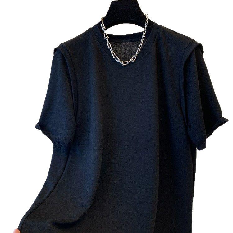 European Style Women's Cotton Faux Two-Piece Short Sleeve Top - Summer Loose Fit, Plus Size, Solid Color, Chic Design (2025)