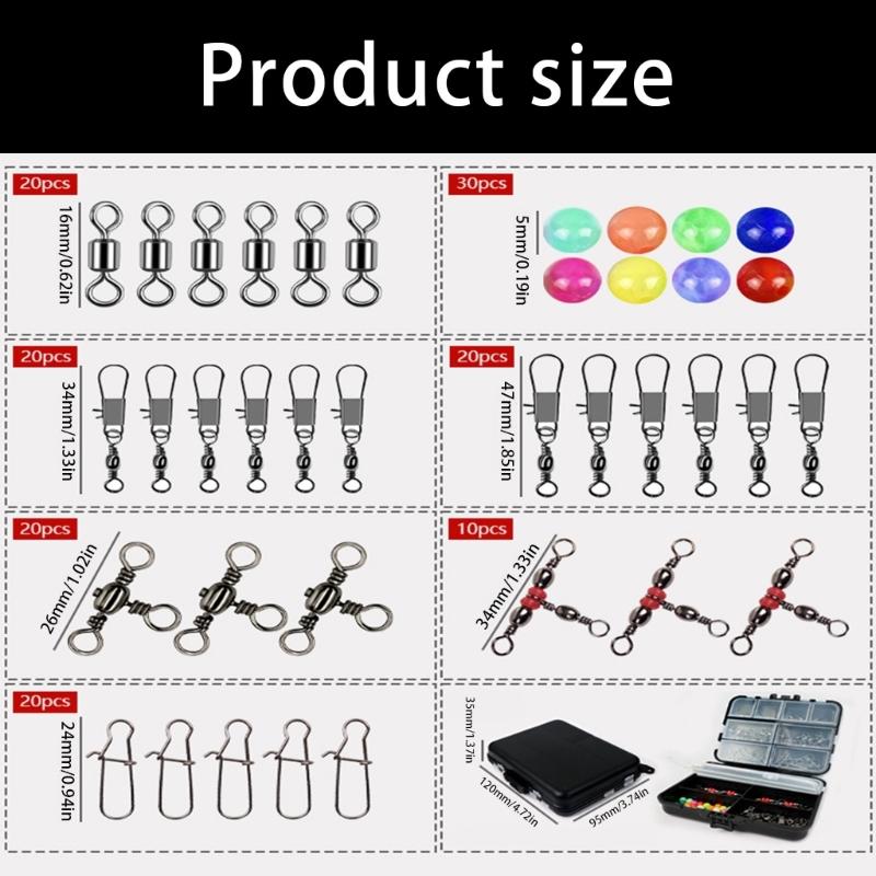 140Pcs/Set Fishing Swivels Snaps Set with Beads and Storage Box Barrels Swivels 3 Way Barrels Rolling Swivels Fishing Tackle