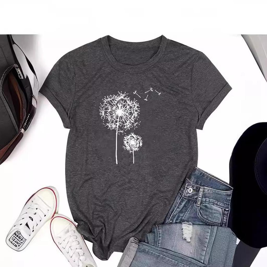 European and American Summer Women's Dandelion Print Round Neck Short-Sleeve Casual T-Shirt