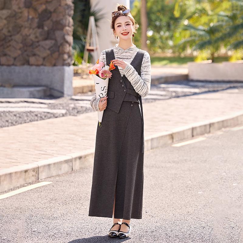 2025 Spring Elegant Long Sleeve Shirt, Vest, and Long Dress Three-Piece Set - SX3095