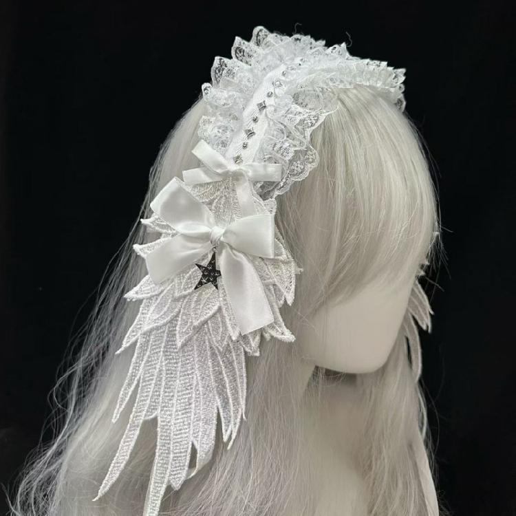 Anime-Themen-Event Spitze Rüschenbesatz Stirnband Schleife Haarband mit Engelsflügel Stern Für Rollenspiel-Partys Und Kostüme