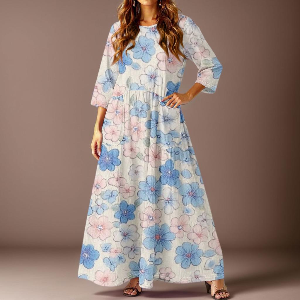 Damen Freizeitmode Blumenmuster Dreiviertelarm Langes Kleid mit Taschen