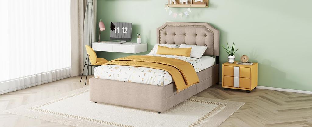 Children's Bed 90x200cm Slatted Frame Nightstand Upholstery Rivets Double Drawers Linen Adults Youth Without Mattress