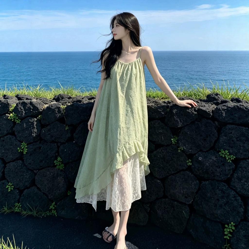 Mori Wizard of Oz Vacation Wind Lace Splicing Suspender Dress Women's Summer New Romantic Unique Beautiful Long Dress