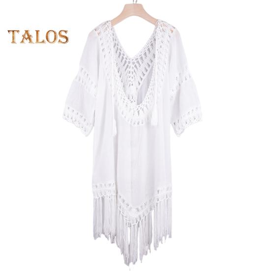 Women Beach Cover Up V-neck Half Sleeve Backless Design Cover Up Solid Color Loose Fit Hollow Crochet Tassel Anti-UV Vacation Dress