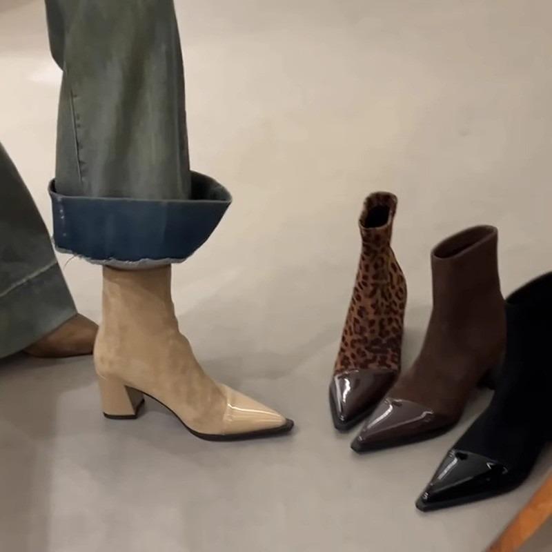 Square Heel Ankle Modern Boots Winter Slip-on Women's Shoes on Sale 2024 Fashion Pointed Toe Low Heel Leopard Mixed Colors Boots