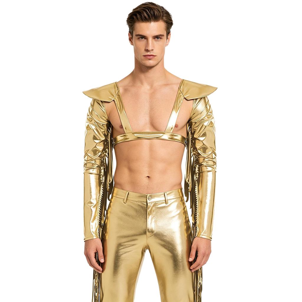 M-3XL Men Metallic Shiny Fringed Arm Sleeves Long Sleeve with Tassels Structured Epaulet Adjustable Chest Harness Club Party Crop Top