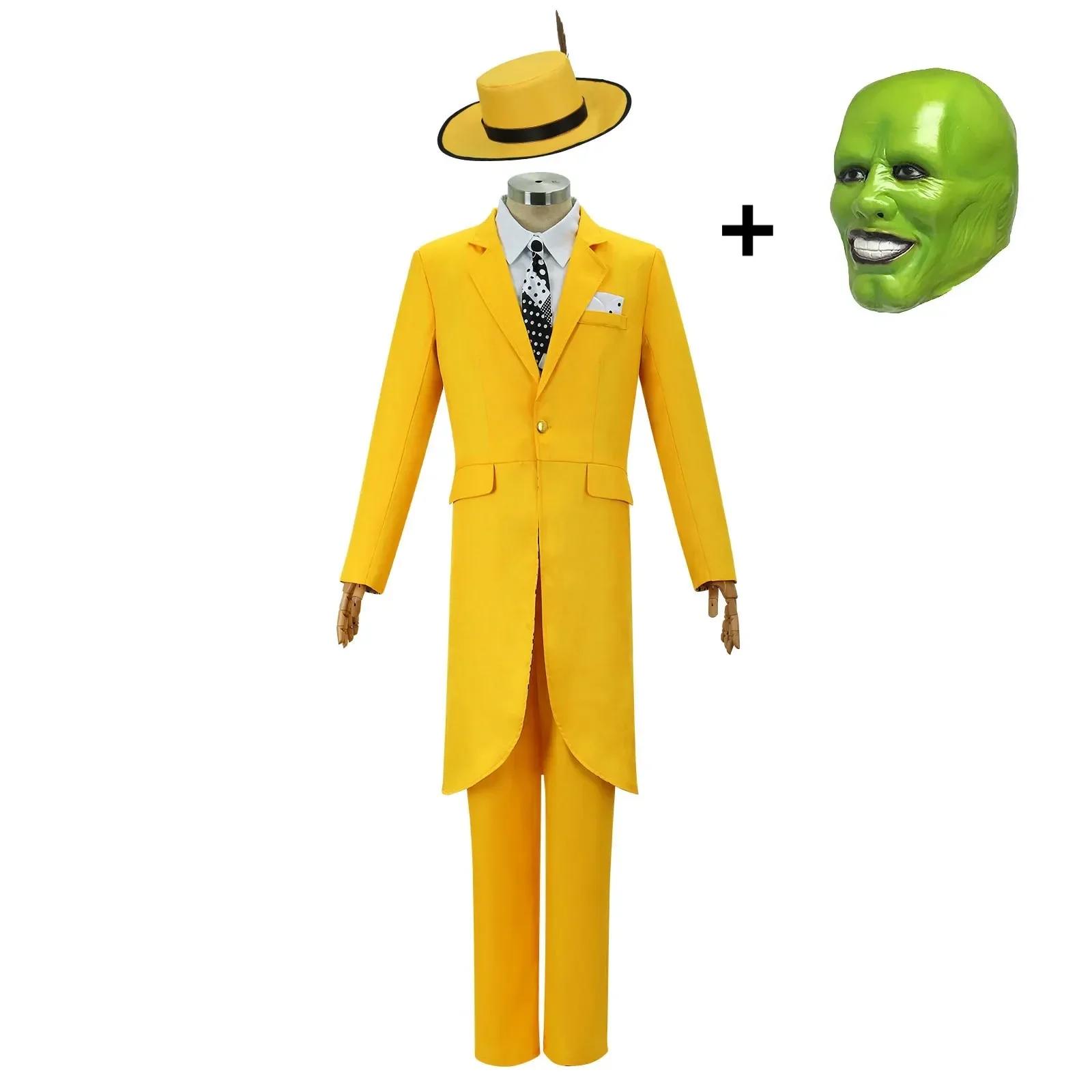 Film The Mask Cosplay Kostuum Jim Carry Cosplay Geel Uniform Carnavalsfeestpak Hoed Groen Masker Halloween Clown Rekwisieten Outfits L