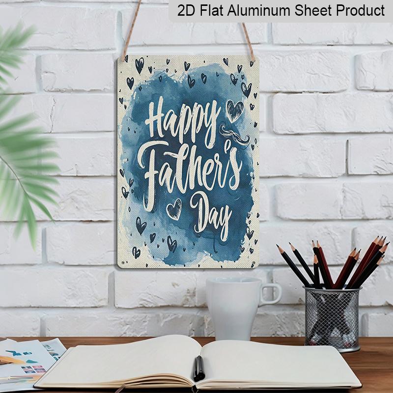2D Flat, 1pc Watercolor Blue Heart Father's Day Metal Wall Art Sign "Happy Father's Day" - 8*12 Inch Aluminium Rustic Home Decor, Minimalist Style