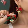 Christmas fresh, sweet, cute, creative linen, mini bow, bell, earring, women's accessory
