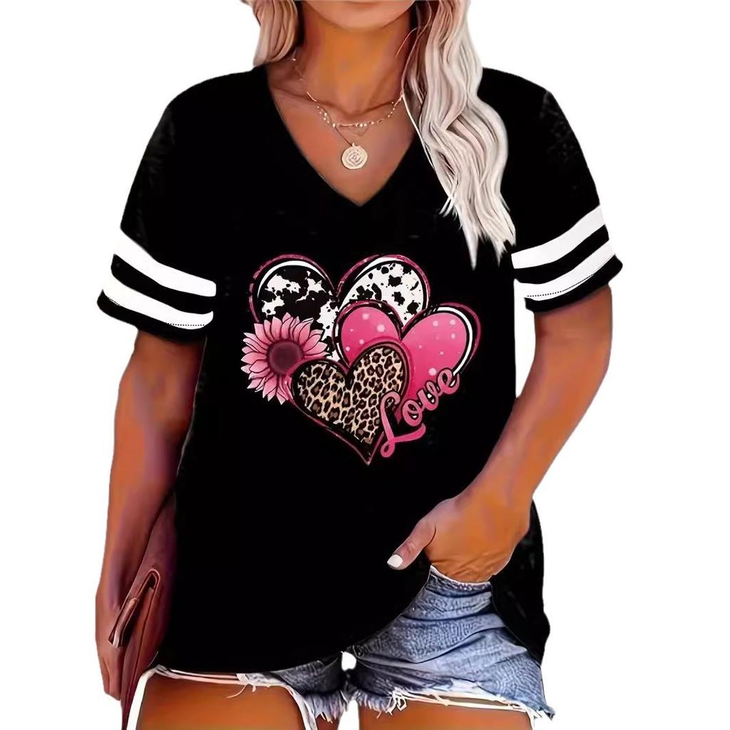 Summer V-neck 3D Love Sunflower Printed Top Fashionable Casual Short Sleeved Women's T-shirts