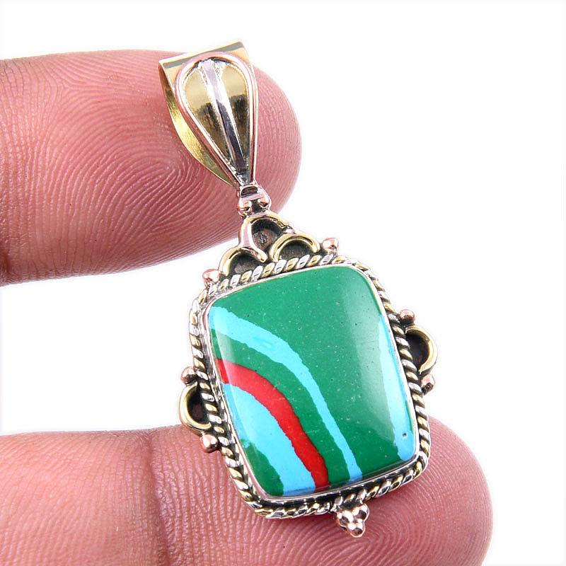 

Natural Rainbow Calcica Gemstone 925 Solid Silver Two Tone Pendant 1.50 L8N60