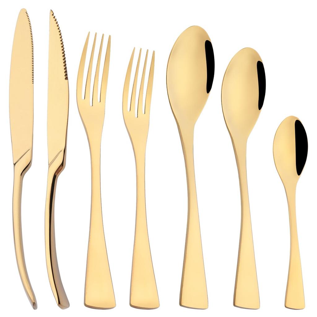 7Pcs Gold Dinnerware Set High Quality Stainless Steel Cutlery Set Knife Fork Tea Spoon Tableware Set Home Kitchen Dinner Silverware Set