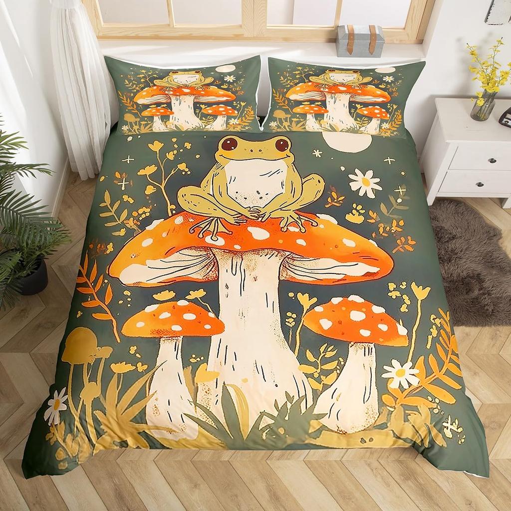 Cartoon Mushroom Frog Duvet Cover Twin Size,Cute Kawaii Green Animal Comforter Cover Maple Leaves Hazelnut Plant Quilt Cover