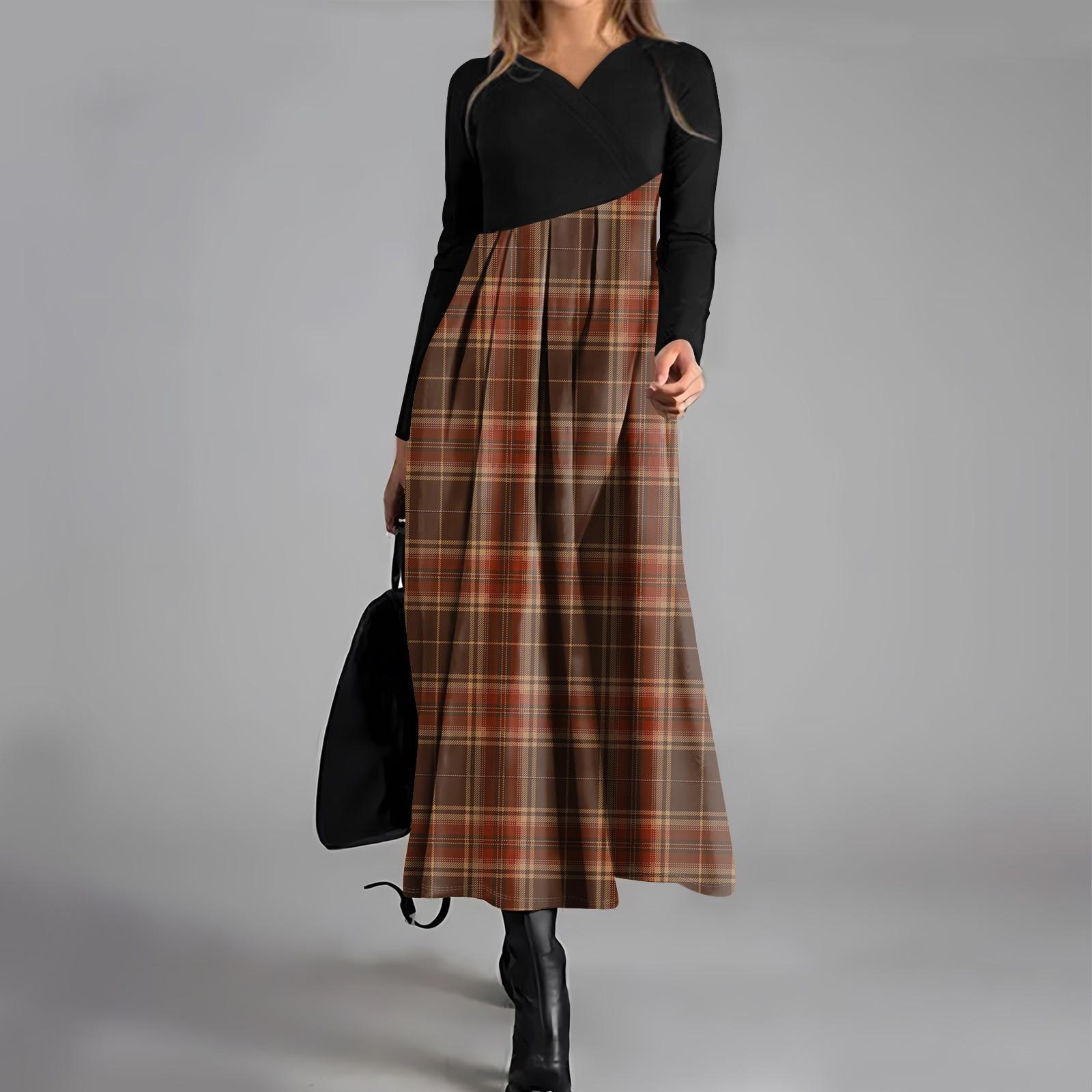 

Жіноча повсякденна сукня з V-подібним вирізом і довгими рукавами, картатим принтом, кишенею на талії та великою розкішною сукнею S коричневий