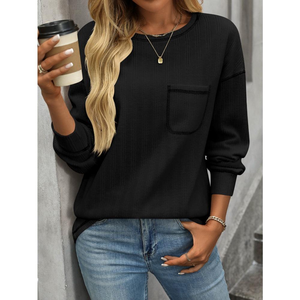 Women's Pit Stripe Brushed Solid Color Round Neck Pocket Casual Loose T-shirts