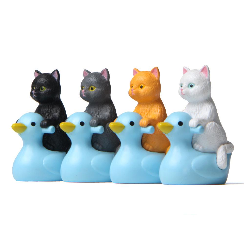 Playful Series: Hand-Painted Cats & Kittens on Ducks - Micro-Landscape Figurines