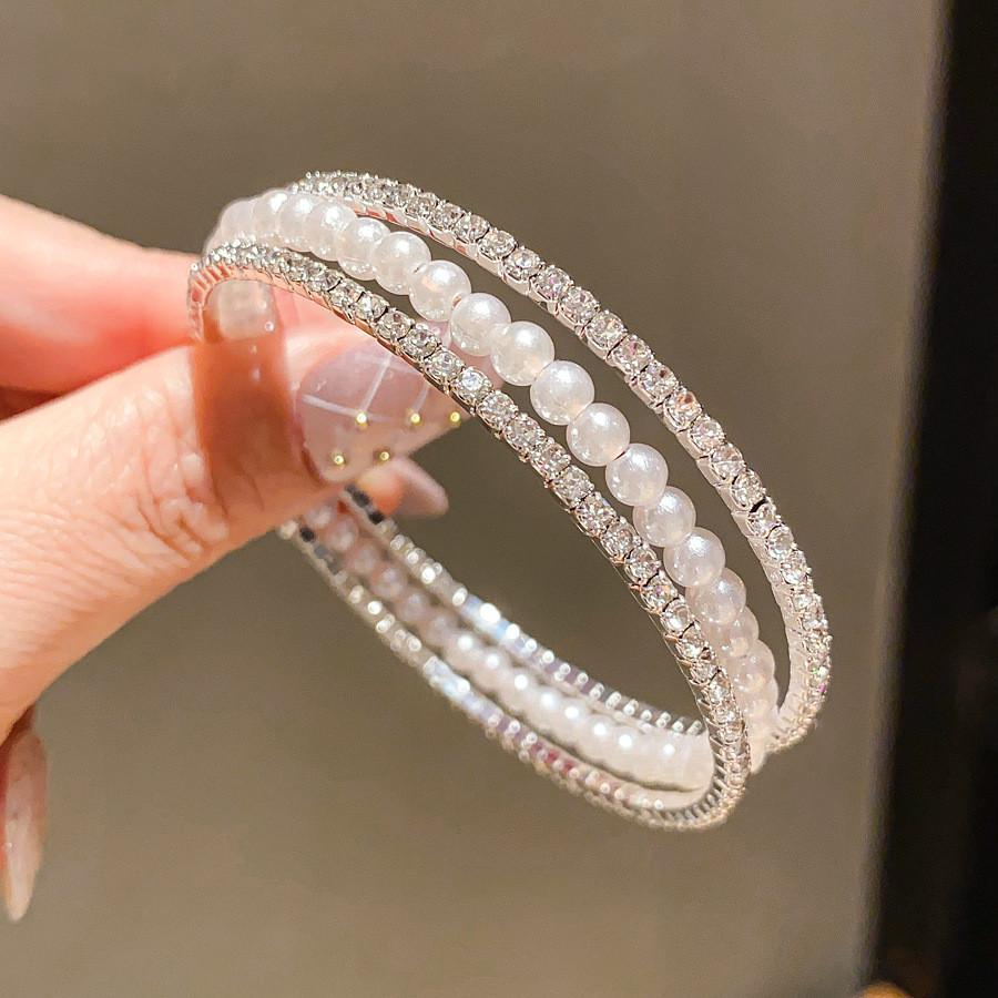 Pearl Beaded Threelayer Open Bracelet With Rhinestone Embellishments For Elegant Womens Jewelry