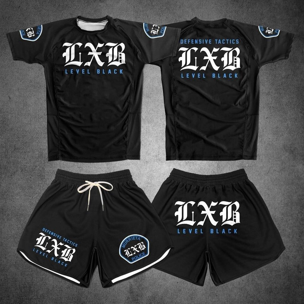 Quick Drying Black V1 LXB AJJ Rash Guard Gym Set Levelxblack RANKED V2 NIVEL NEGRO Jersey T-shirt And Shorts Combo for Fitness