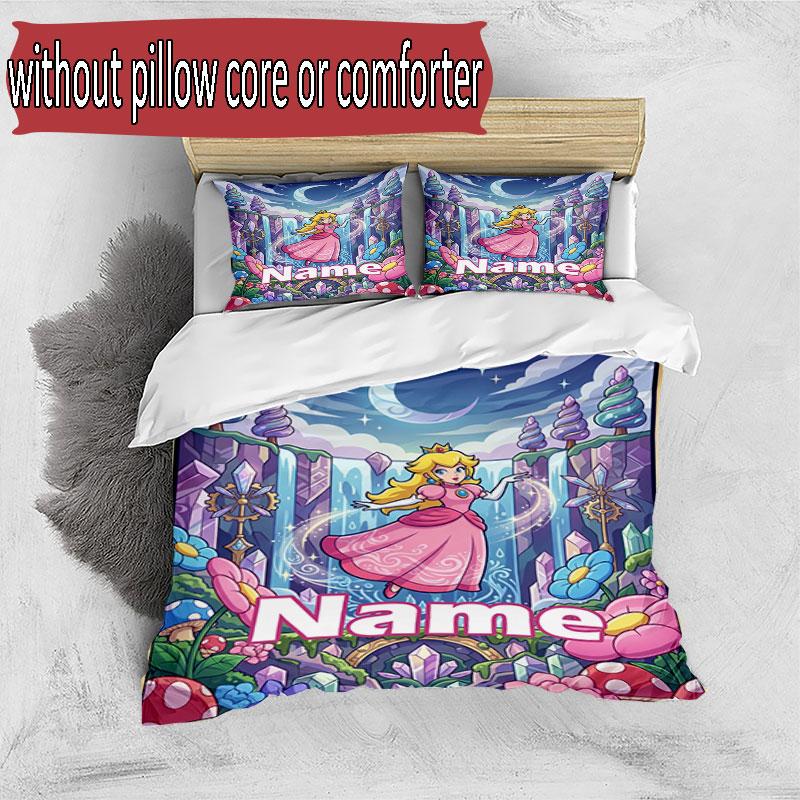 3pcs Duvet Cover Set (1*Duvet Cover + 2*Pillowcase, Without Core), Custom Name Princess Peach Toadstool Pattern Bedding Set, Home Bedroom Decor Gift