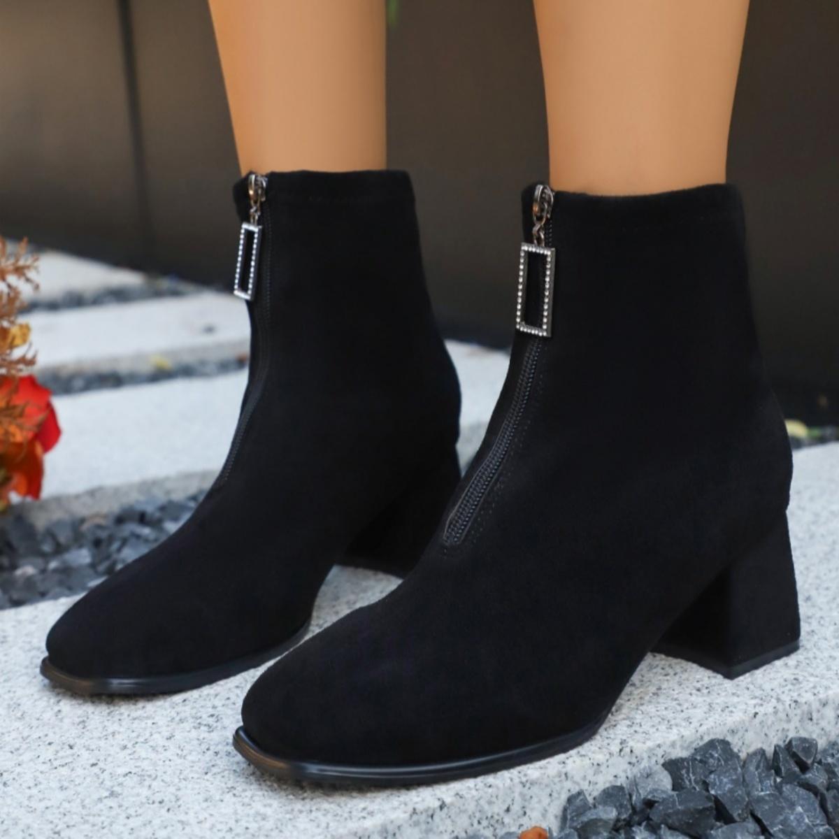 

Winter Round Toe Suede Sexy/comfortable Casual Riding Boots for Women Fashionable New Square High-heeled Zipper Large Work Boots 36