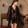 Women's Sheer Mesh Lace Bow Trim Sleep Dress with Robe Lingerie Set