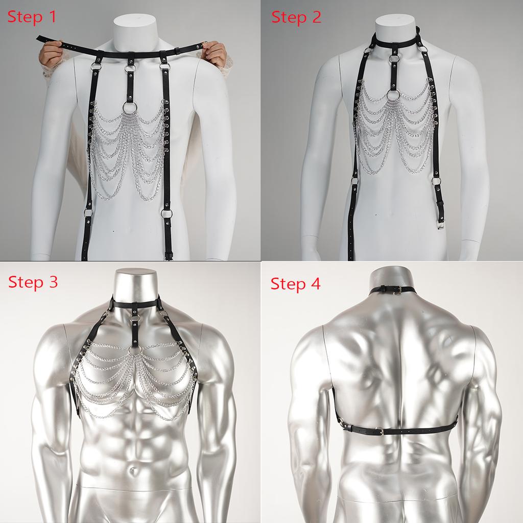 Adjustable Black Leather Body Harness for Men - Silver Chains, Punk Fashion Statement, Rave and Clubwear