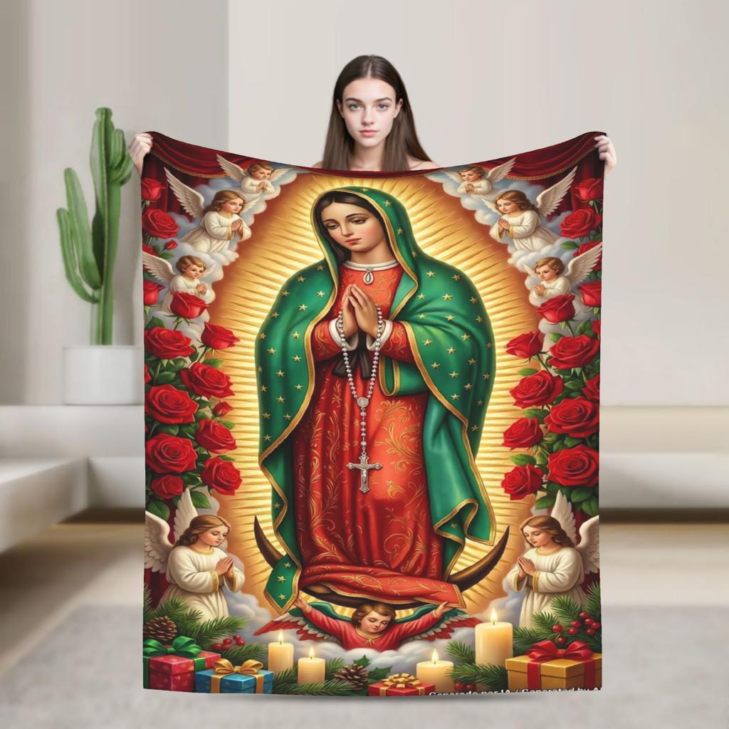Virgin Mary Cherubs Rose Warm Soft Blanket Airplane Travel Plush Throw Blanket Couch Chair Flannel Bedspread Sofa Bed Cover