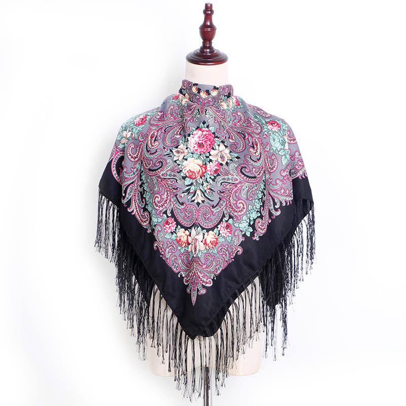 90*90cm Women Russian National Square Scarf Luxury Floral Print Russian Shawls Scarves Female Retro Fringed Foulard Wraps