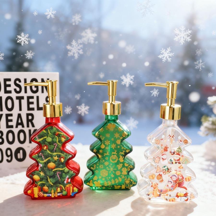 Christmas Design Glass Dispenser Bottle Refillable Pump for Shampoo Soap Lotion Holiday Bathroom Decor Gifts Vanity Organizer