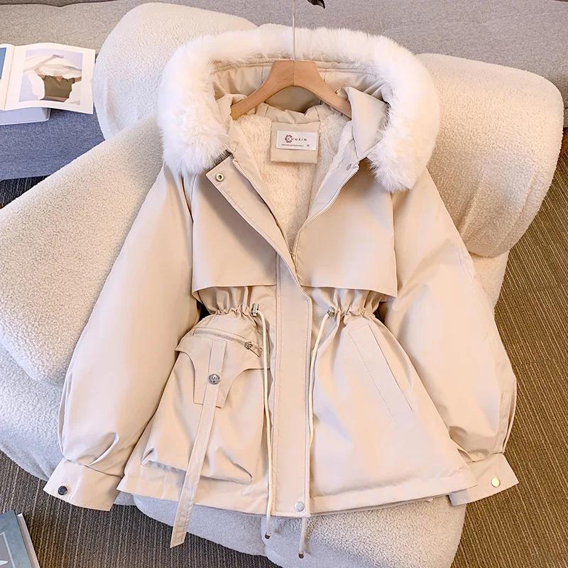 Fleece Lined Fur Hood Down Jacket Women Winter Warm Drawstring Zipper Padded Parkas Casual Cotton Coats Puffer Outwears