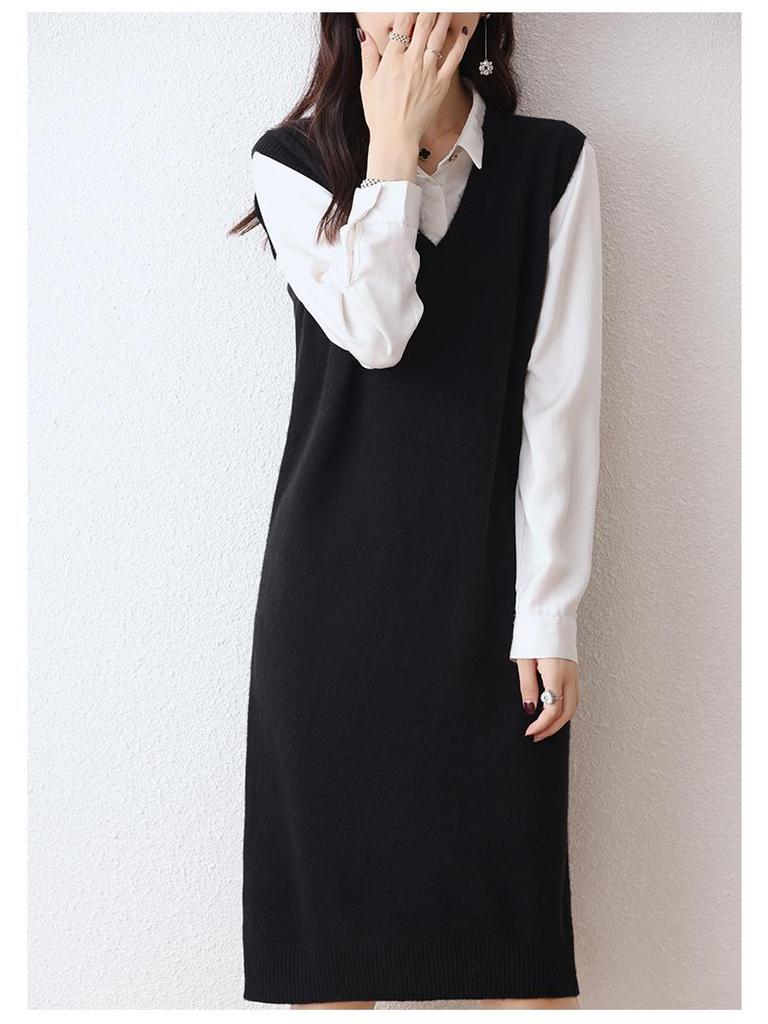 Women's 100% Wool V-Neck Sleeveless Knitted Vest Dress - Long Cardigan Style