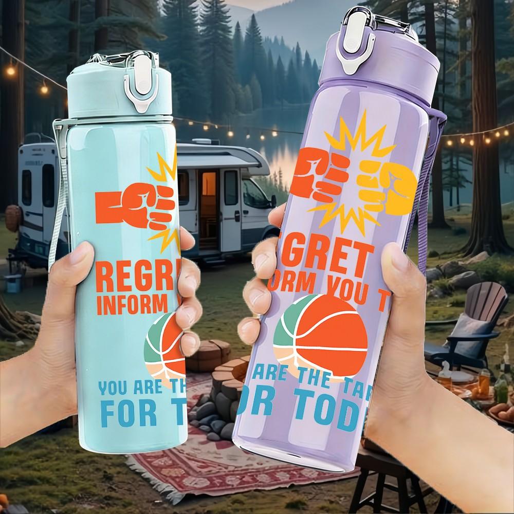 1PC Regret To Miss Basketball Letter 750ml Color Plastic Sports Water Bottle Leakproof Flip Straw Lid Suitable for Sports Office Home Use