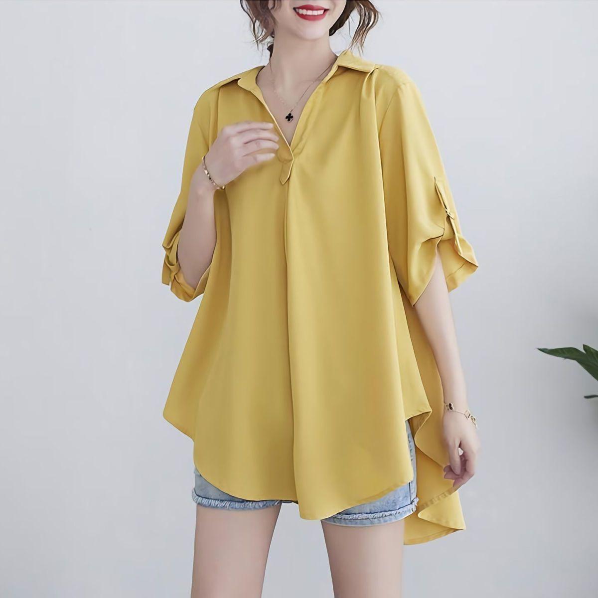 

Летняя женская шифоновая рубашка корейской версии большого размера, свободная, утягивающая, с поясом, темпераментная рубашка А-силуэта 5XL жёлтый